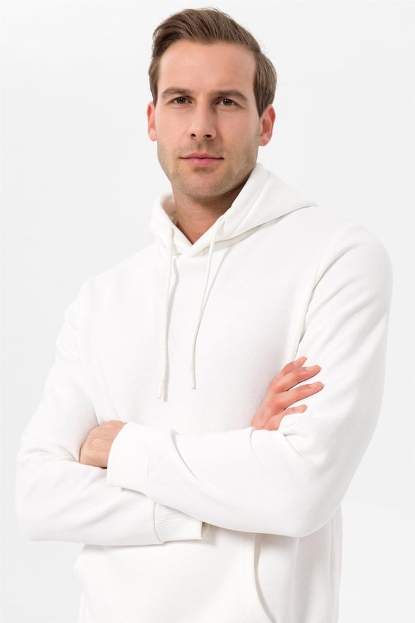 Beyaz Regular Düz Kapişonlu Yaka  Sweatshirt