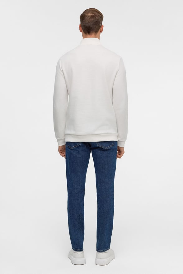 Beyaz Regular Düz Polo Yaka Sweatshirt