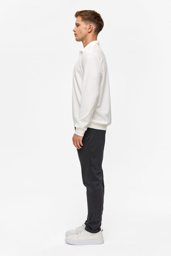 Beyaz Regular Düz Polo Yaka Sweatshirt
