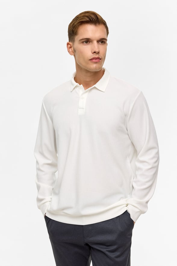 Beyaz Regular Düz Polo Yaka Sweatshirt