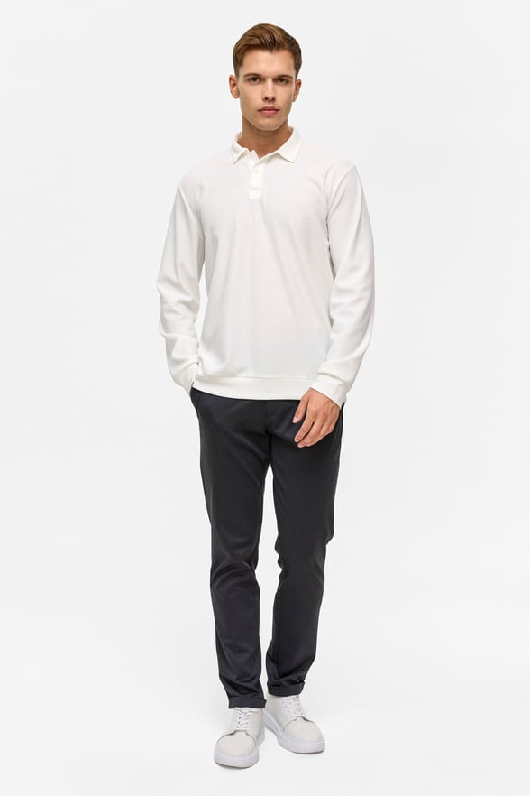 Beyaz Regular Düz Polo Yaka Sweatshirt