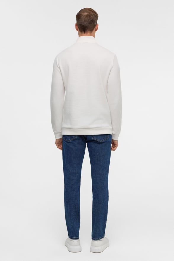 Beyaz Regular Düz Polo Yaka Sweatshirt