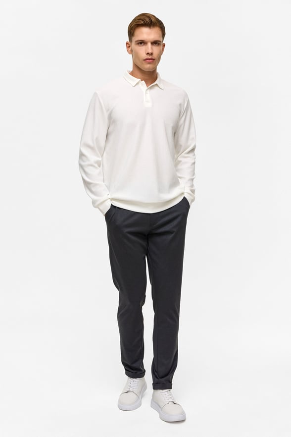 Beyaz Regular Düz Polo Yaka Sweatshirt