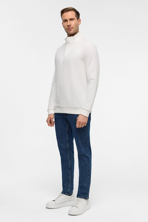 Beyaz Regular Düz Polo Yaka Sweatshirt