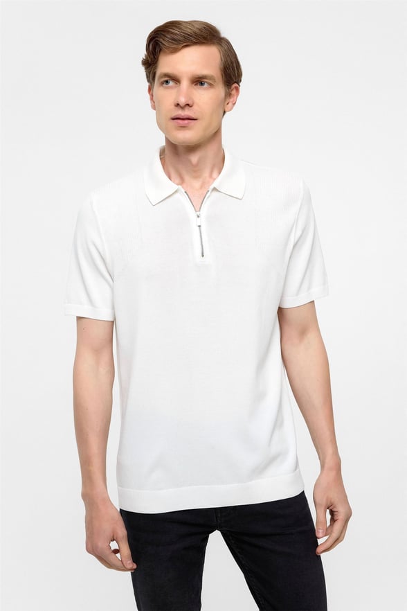 Beyaz Regular Düz Polo Yaka Triko Tşört 