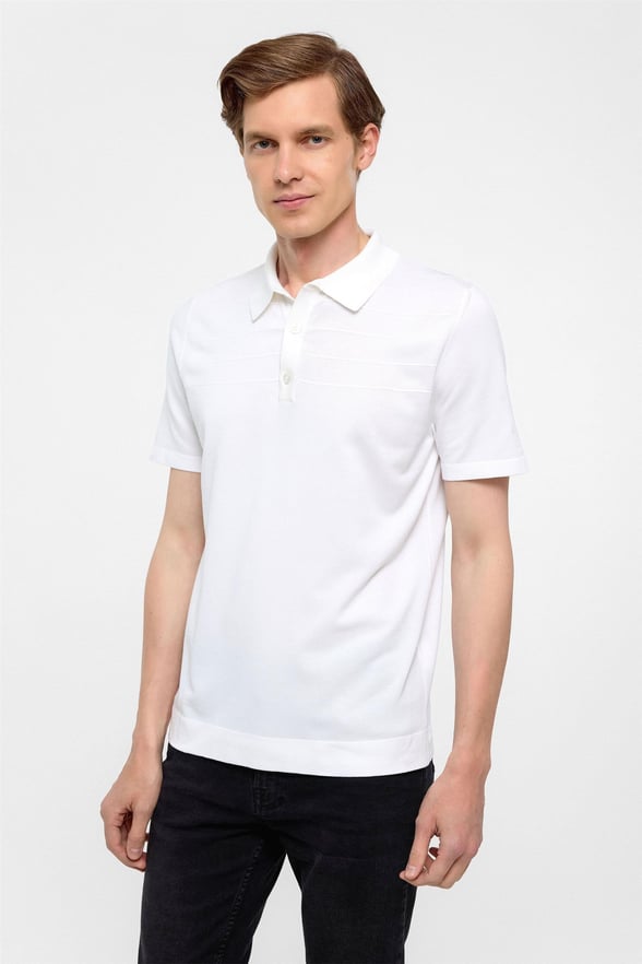 Beyaz Regular Düz Polo Yaka Triko Tşört 