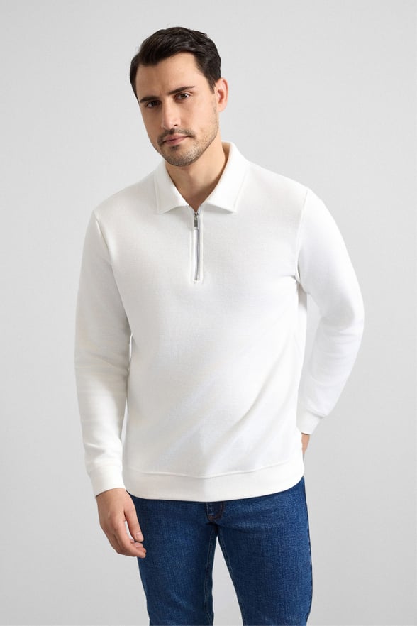 Beyaz Regular Düz Yarım Balıkçı Yaka Sweatshirt