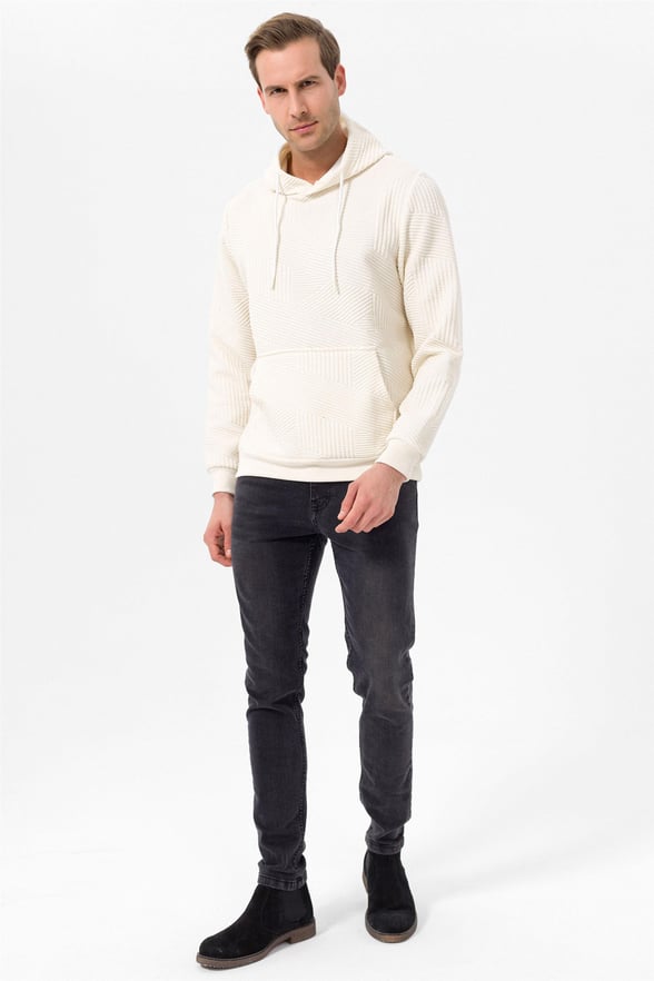 Beyaz Regular Kapitone Kapişonlu Yaka  Sweatshirt