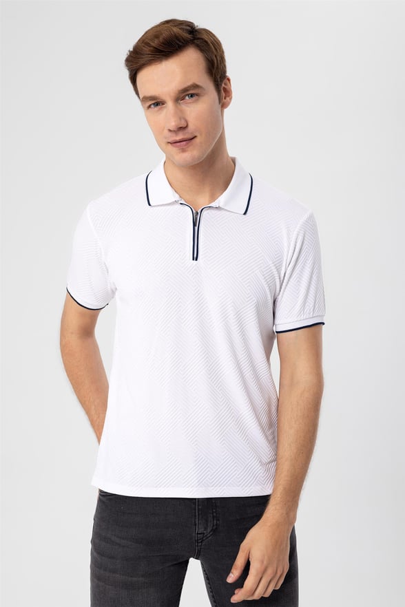 Beyaz Slim Armürlü Polo Yaka  Tişört