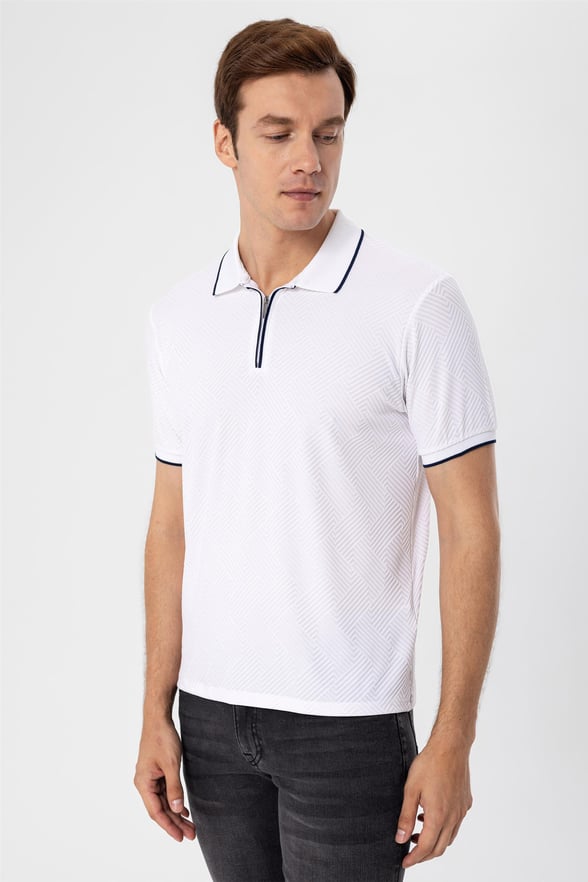 Beyaz Slim Armürlü Polo Yaka  Tişört