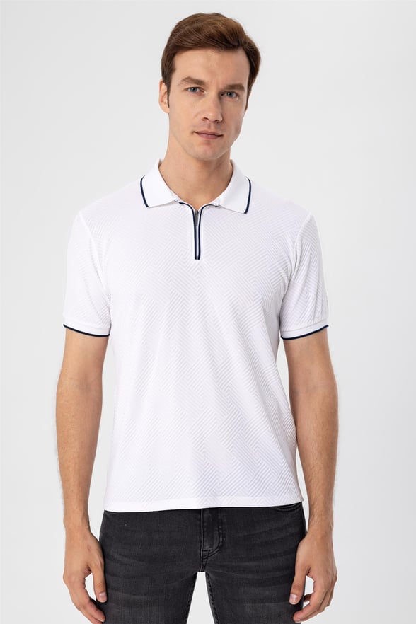 Beyaz Slim Armürlü Polo Yaka  Tişört