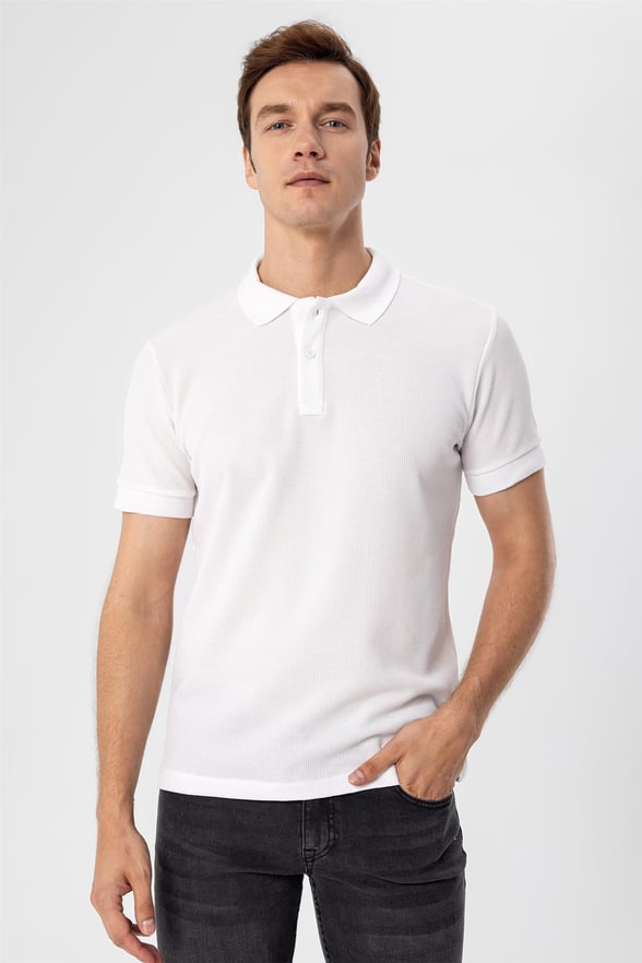 Beyaz Slim Armürlü Polo Yaka  Tişört