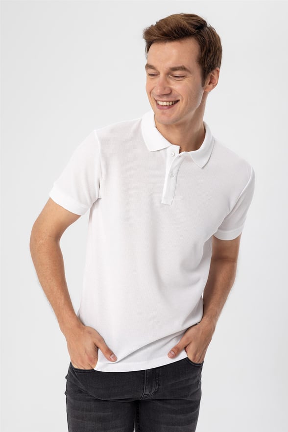 Beyaz Slim Armürlü Polo Yaka  Tişört