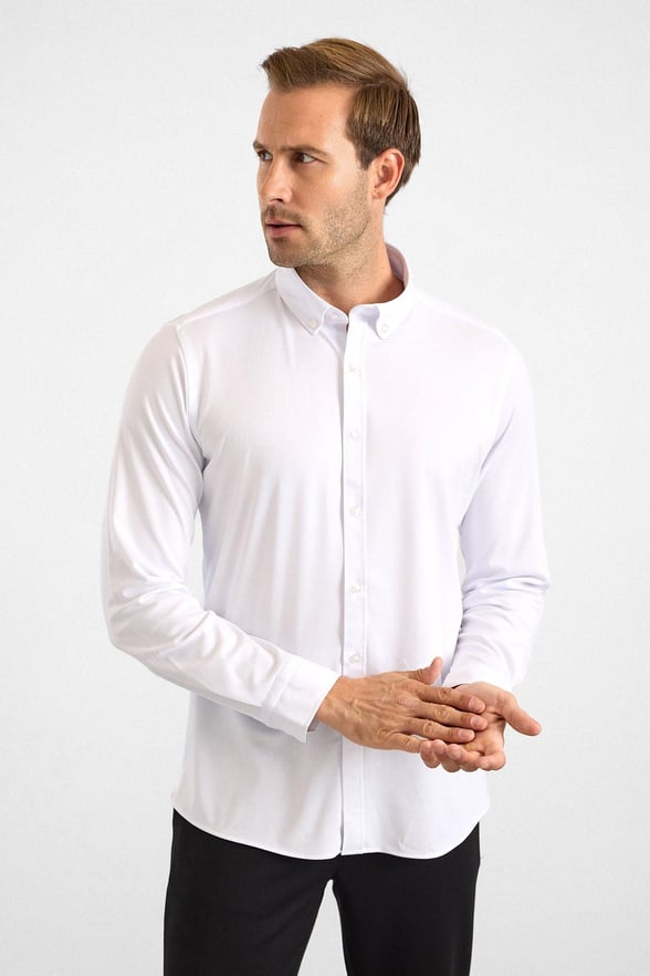 Beyaz Slim Düğmeli Yaka Manşetli Casual Gömlek