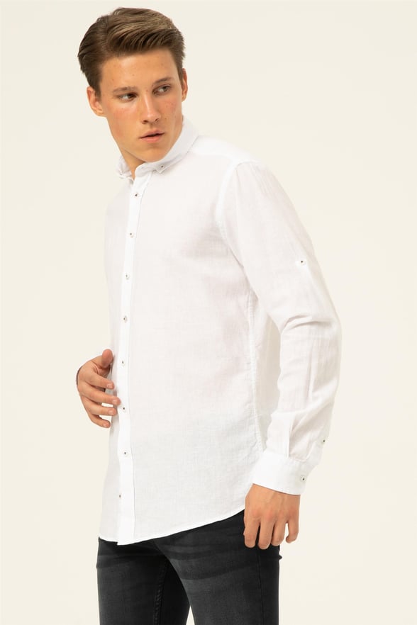 Beyaz Slim Düz Düğmeli Yaka  Gömlek
