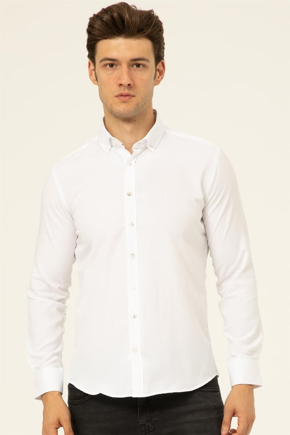 Beyaz Slim Düz Düğmeli Yaka  Gömlek