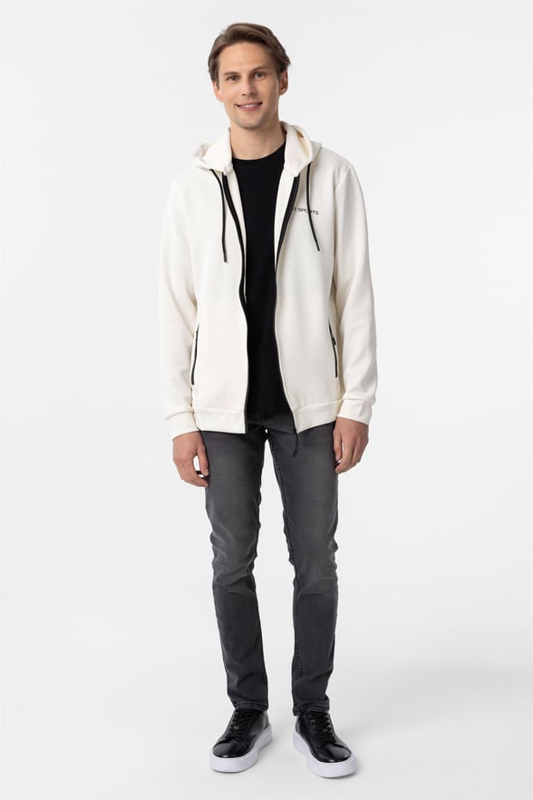 Beyaz Slim Düz Kapişonlu Yaka Sweatshirt