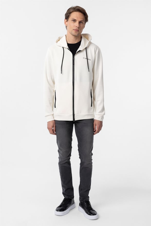 Beyaz Slim Düz Kapişonlu Yaka Sweatshirt