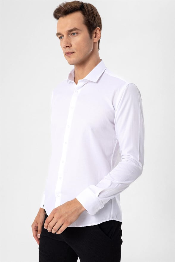 Beyaz Slim Fit Armürlü Klasik Yaka Gömlek