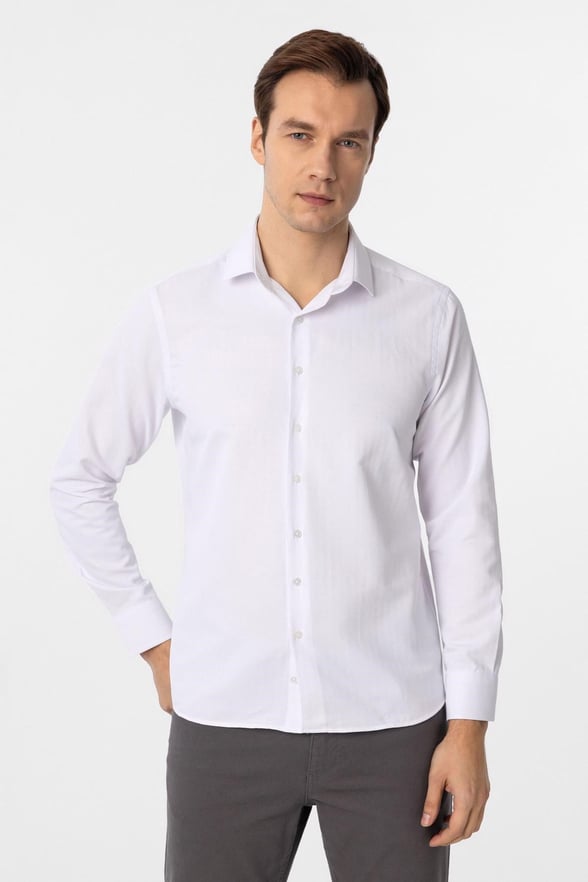 Beyaz Slim Fit Armürlü Klasik Yaka Gömlek