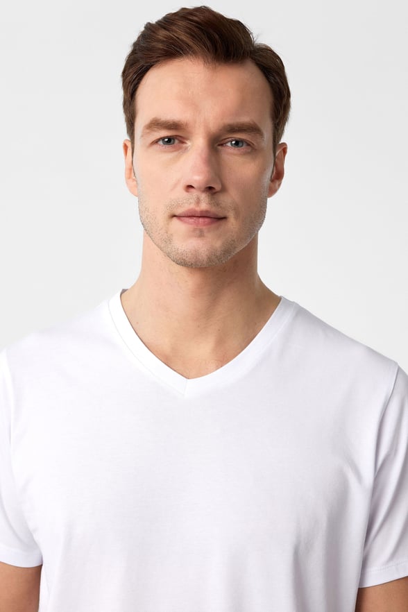 Beyaz Slim Fit Düz V Yaka Tişört