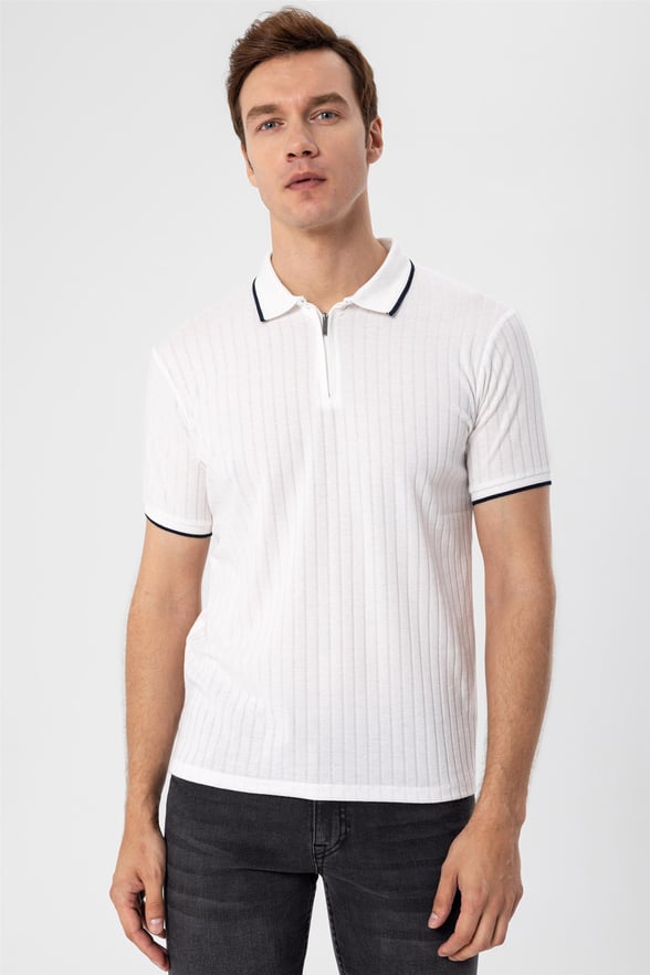 Beyaz Slim Fitilli Polo Yaka  Tişört