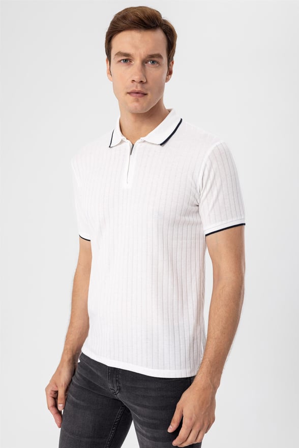 Beyaz Slim Fitilli Polo Yaka  Tişört