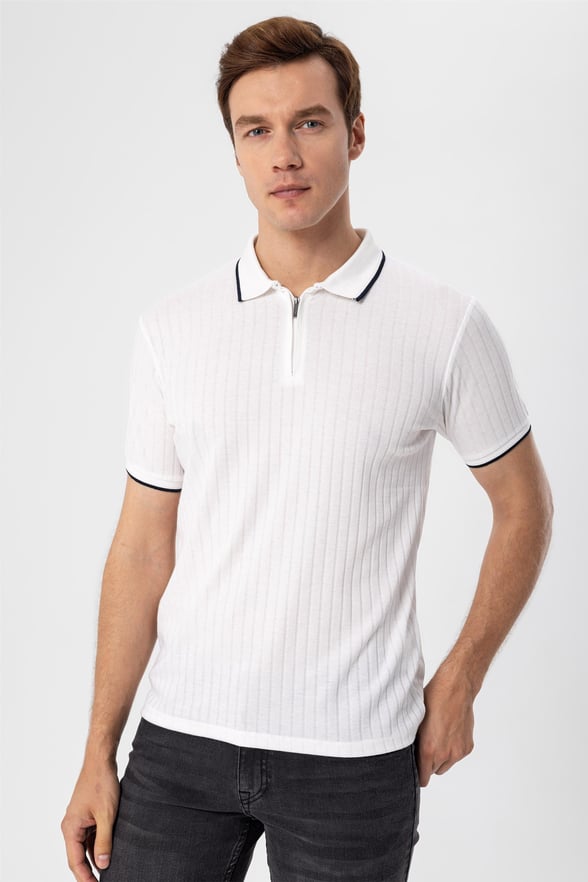 Beyaz Slim Fitilli Polo Yaka  Tişört