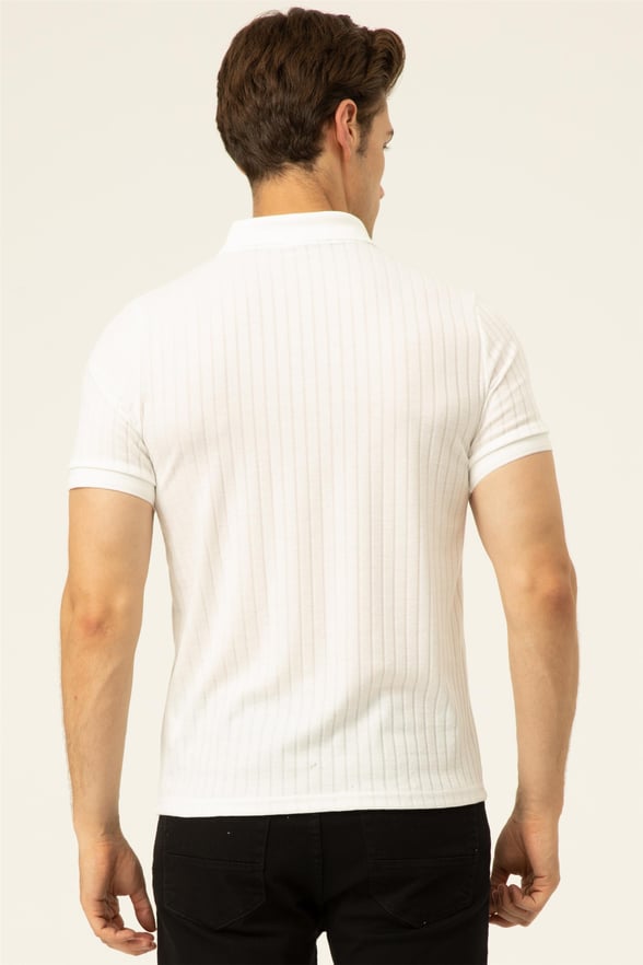 Beyaz Slim Fitilli Polo Yaka  Tişört