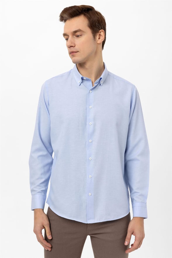 Buz Mavi Regular Düz Düğmeli Yaka  Gömlek