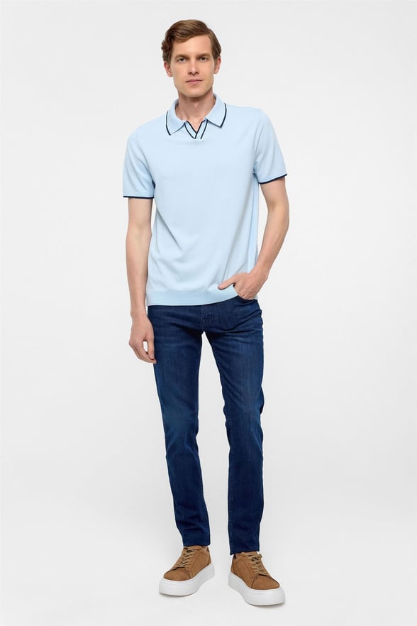 Buz Mavi Regular Düz Polo Yaka Triko Tişört 