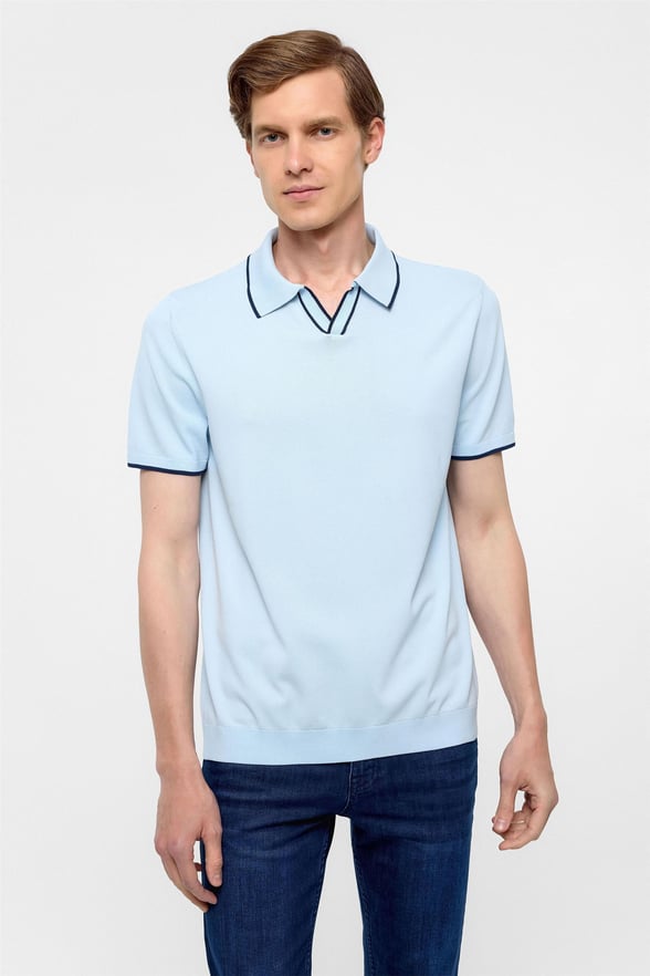 Buz Mavi Regular Düz Polo Yaka Triko Tişört 