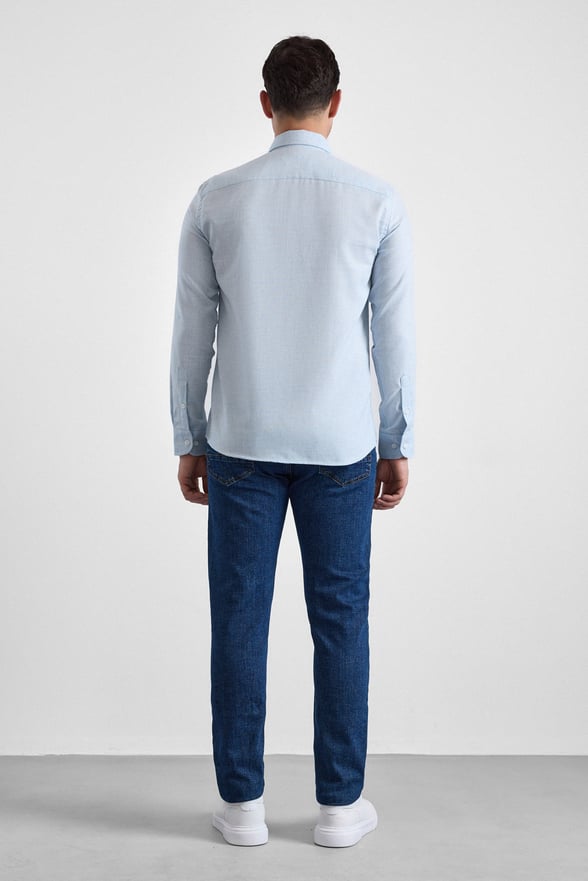 Buz Mavi Slim Düğmeli Yaka Düz Cepsiz Casual Gömlek