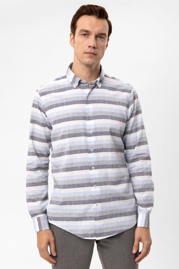 Buz Mavi Slim Düz Düğmeli Yaka  Gömlek