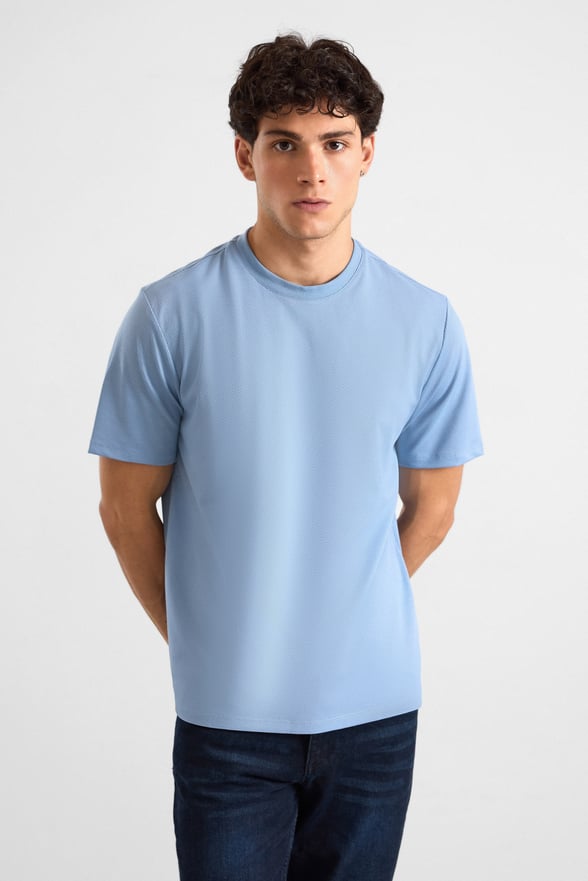 Buz Mavi Slim Fit Armürlü Bisiklet Yaka Tişört