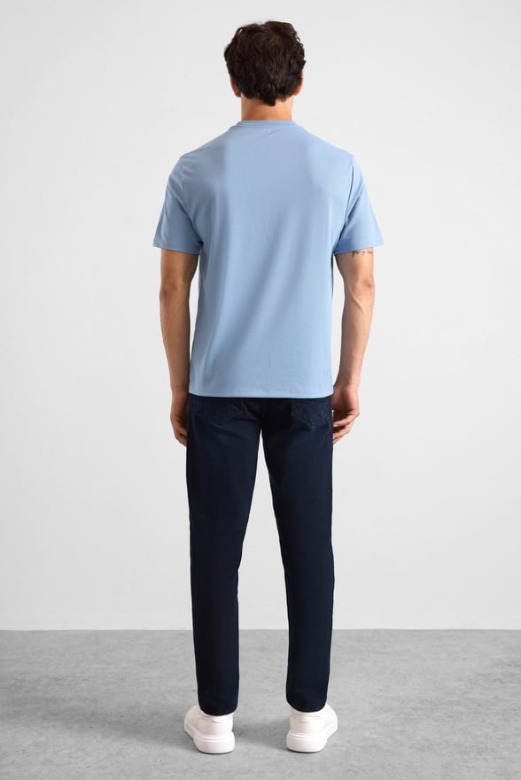 Buz Mavi Slim Fit Armürlü Bisiklet Yaka Tişört