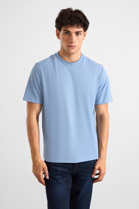 Buz Mavi Slim Fit Armürlü Bisiklet Yaka Tişört