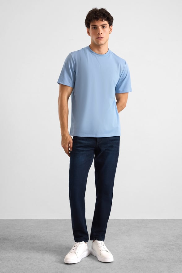 Buz Mavi Slim Fit Armürlü Bisiklet Yaka Tişört