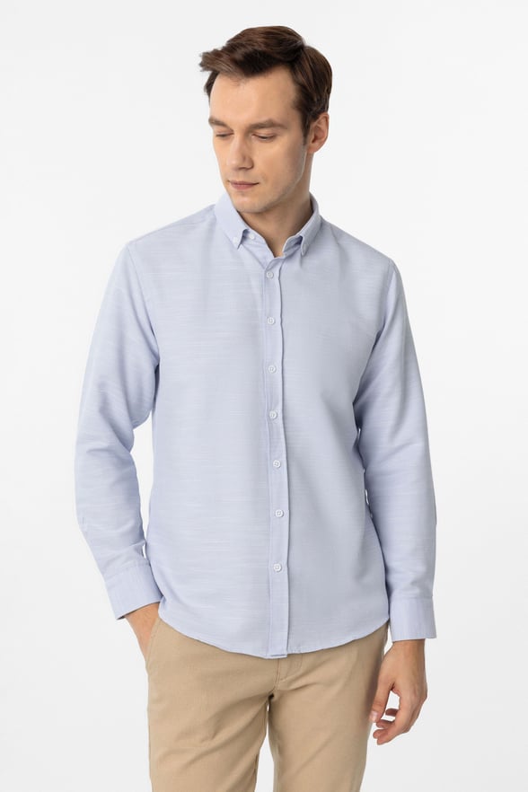 Buz Mavi Slim Fit Armürlü Düğmeli Yaka Gömlek