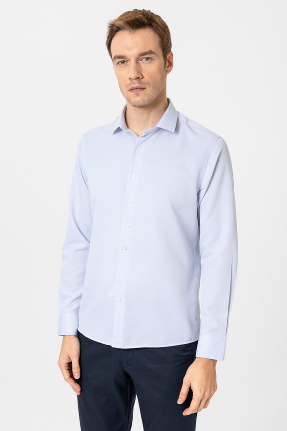Buz Mavi Slim Fit Armürlü Klasik Yaka Gömlek