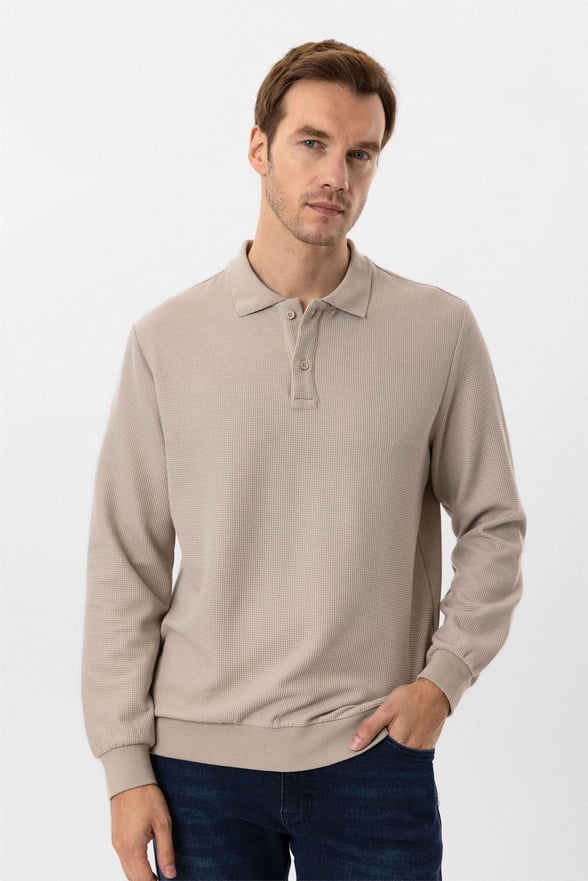 Ekru Regular Armürlü Polo Yaka Sweatshirt
