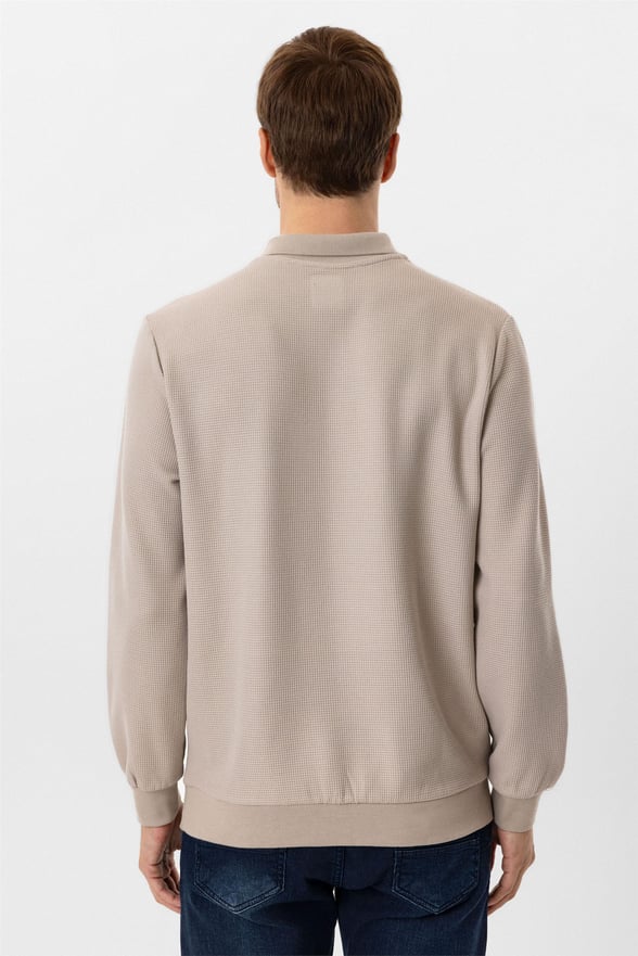 Ekru Regular Armürlü Polo Yaka Sweatshirt