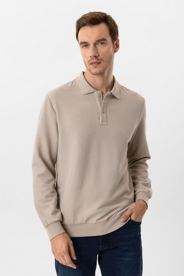 Ekru Regular Armürlü Polo Yaka Sweatshirt