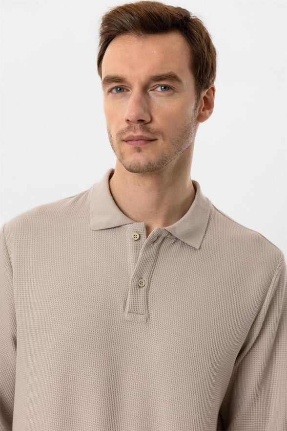 Ekru Regular Armürlü Polo Yaka Sweatshirt