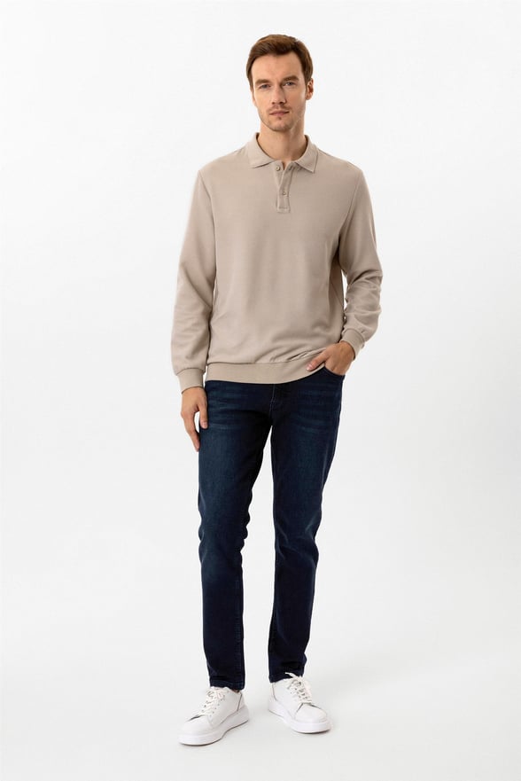 Ekru Regular Armürlü Polo Yaka Sweatshirt