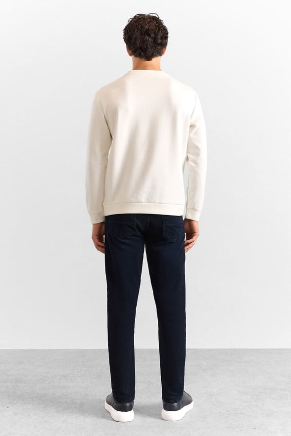 Ekru Regular Düz Baskılı İnterlok Bisiklet Yaka Cepsiz Düz Sweatshirt