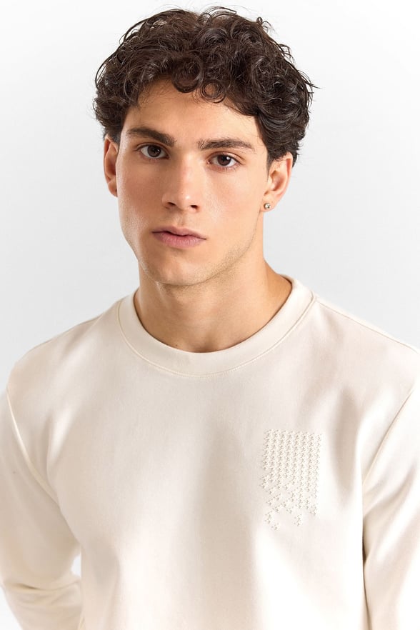 Ekru Regular Düz Baskılı İnterlok Bisiklet Yaka Cepsiz Düz Sweatshirt