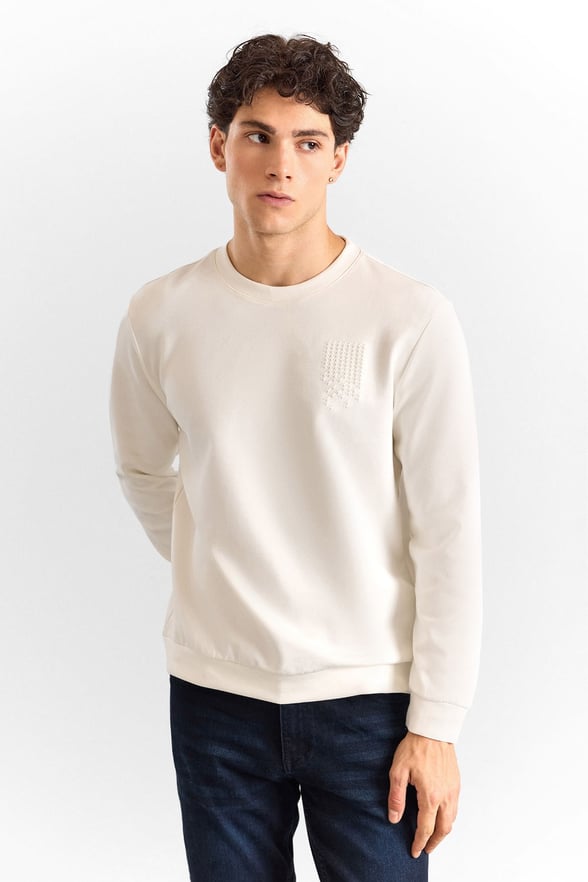 Ekru Regular Düz Baskılı İnterlok Bisiklet Yaka Cepsiz Düz Sweatshirt