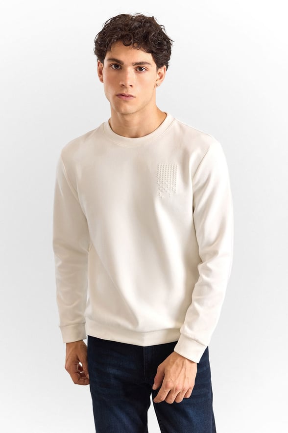 Ekru Regular Düz Baskılı İnterlok Bisiklet Yaka Cepsiz Düz Sweatshirt