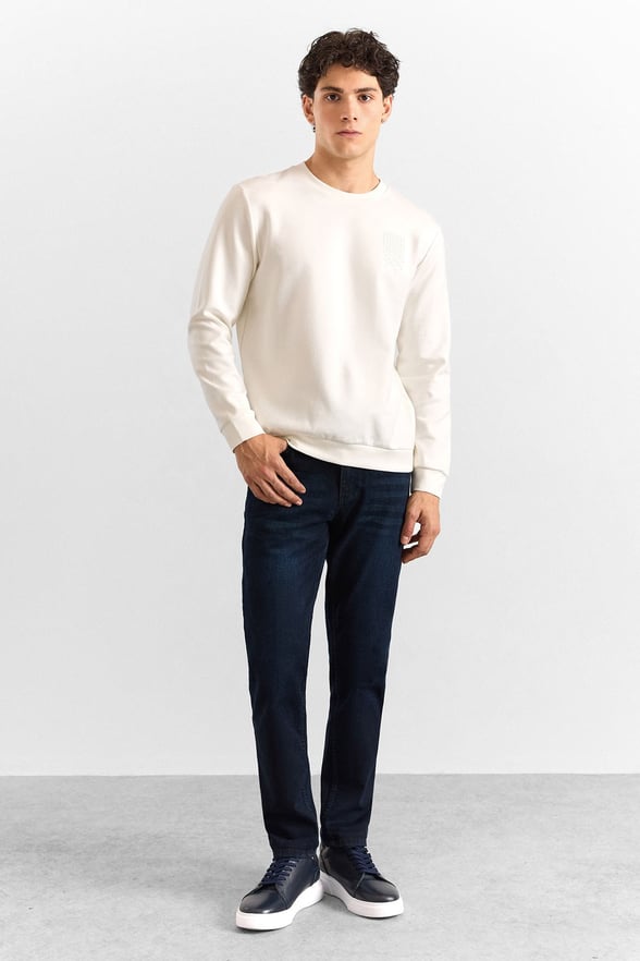Ekru Regular Düz Baskılı İnterlok Bisiklet Yaka Cepsiz Düz Sweatshirt